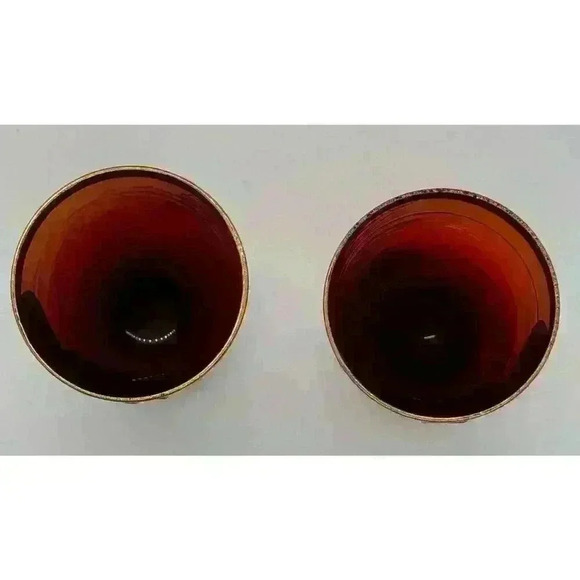 MCM Vintage Cranberry Shot Glasses set of Two Hand Painted Gold Band Beautiful - Picture 8 of 10